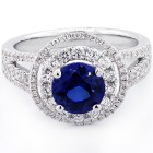 1.67 Round Cut Blue Gemstone Double Halo and Triple Shank Band Engagement Ring Set in 18K White Gold